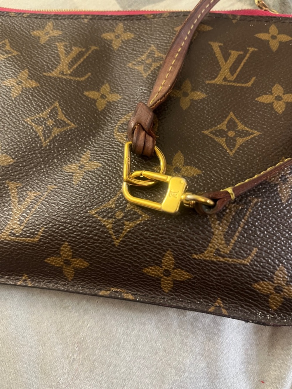 Louis Vuitton Monogram Canvas Wristlet Pouch in Brown with Pink Trim - Picture 3 of 8